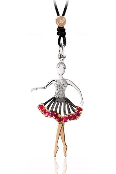 Ciondolo Ballerina Oro 18k Bianco Rosé Rubini Diamanti | Gioiellitosti.it