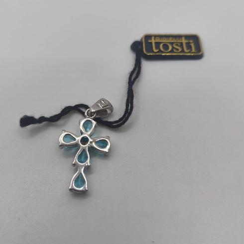 Ciondolo Croce Oro 18k con Topazio Azzurro 2,70 gr | Gioielli Tosti