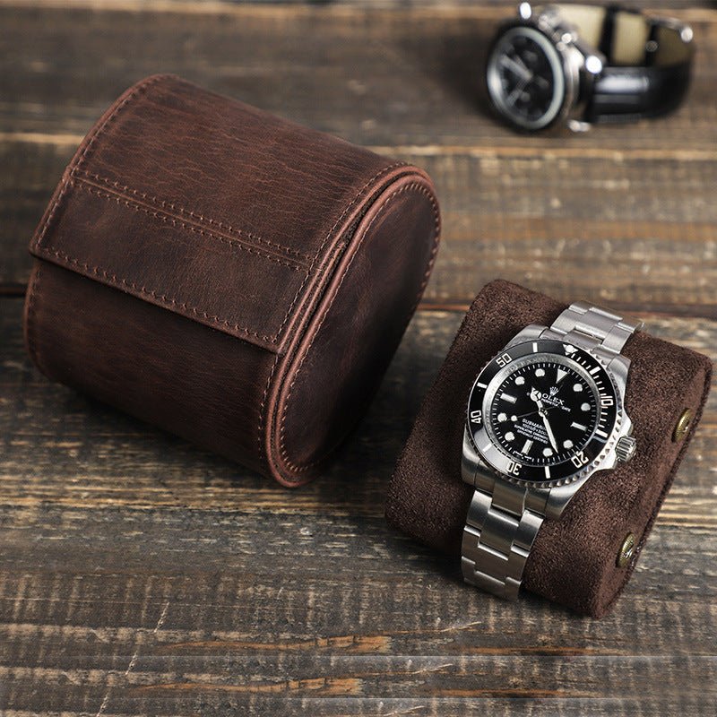 Borsa Porta Orologi In Pelle Di Vitello Marrone Scamosciato - Chiusura A Bottone, Con Cartoncino Per Viaggio, Regalo Ideale