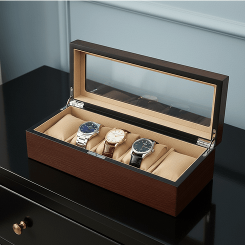 Porta Orologi Uomo – Scatola in Legno 5 Posti Top in Vetro | Gioiellitosti.it
