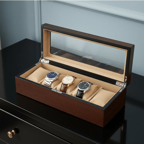 Porta Orologi Uomo – Scatola in Legno 5 Posti Top in Vetro | Gioiellitosti.it