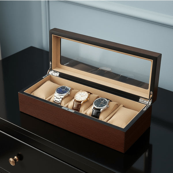 Porta Orologi Uomo – Scatola in Legno 5 Posti Top in Vetro | Gioiellitosti.it