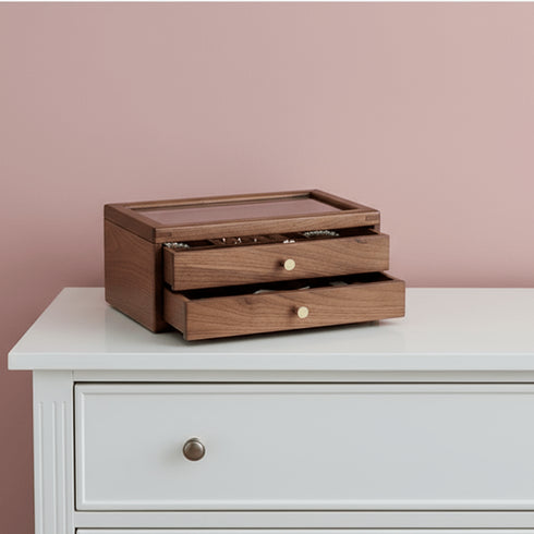 Portagioie con cassetti legno vetro trasparente | Gioiellitosti.it