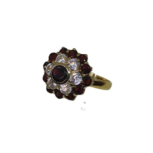 Anello oro 18 kt donna con granato rosso e zirconi forma Fiore | Gioiellitosti.it