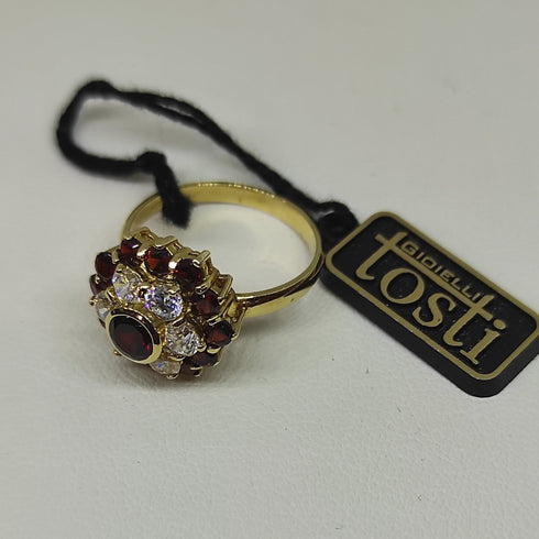 Anello oro 18 kt donna con granato rosso e zirconi forma Fiore | Gioiellitosti.it