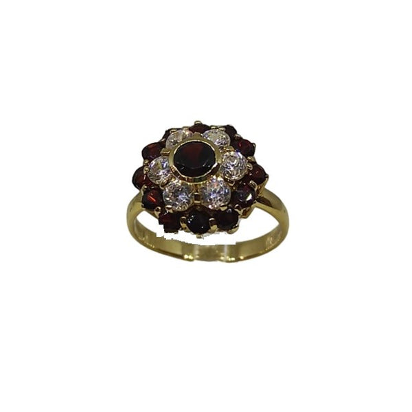 Anello oro 18 kt donna con granato rosso e zirconi forma Fiore | Gioiellitosti.it