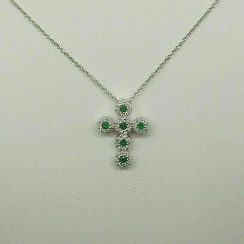 Collana Croce oro bianco 18k Diamanti 0,10 Smeraldi 0,10 | Gioiellitosti.it