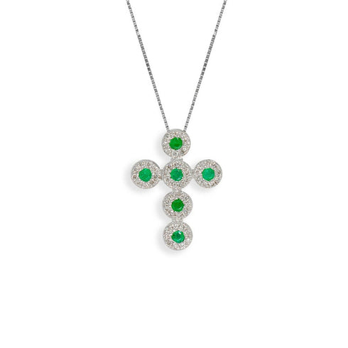 Collana Croce oro bianco 18k Diamanti 0,10 Smeraldi 0,10 | Gioiellitosti.it
