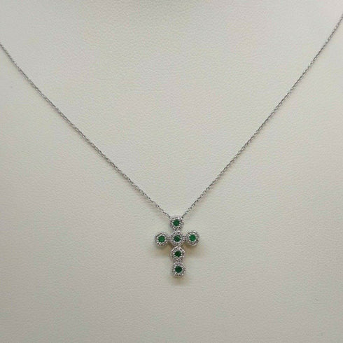 Collana Croce oro bianco 18k Diamanti 0,10 Smeraldi 0,10 | Gioiellitosti.it