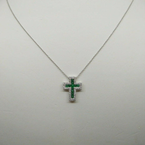 Collana Croce Oro bianco 18k Diamanti 0,07 Smeraldi 0,18 | Gioiellitosti.it