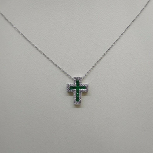 Collana Croce Oro bianco 18k Diamanti 0,07 Smeraldi 0,18 | Gioiellitosti.it