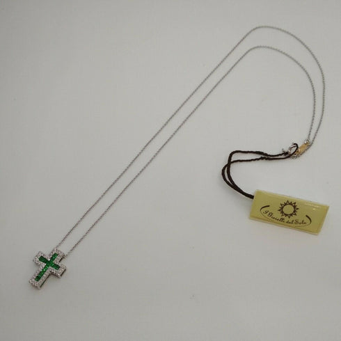 Collana Croce Oro bianco 18k Diamanti 0,07 Smeraldi 0,18 | Gioiellitosti.it