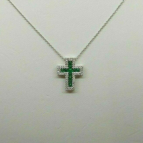 Collana Croce Oro bianco 18k Diamanti 0,07 Smeraldi 0,18 | Gioiellitosti.it