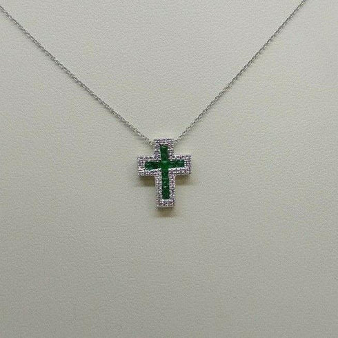 Collana Croce Oro bianco 18k Diamanti 0,07 Smeraldi 0,18 | Gioiellitosti.it
