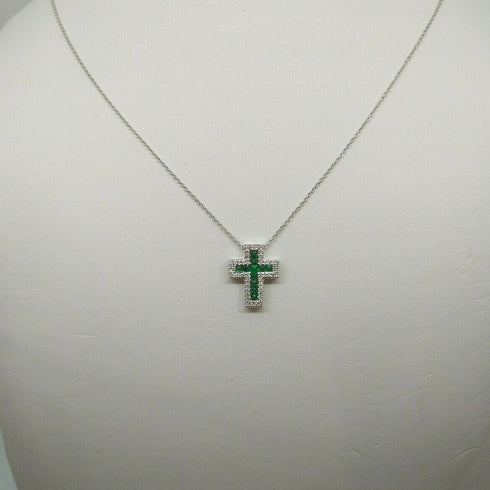 Collana Croce Oro bianco 18k Diamanti 0,07 Smeraldi 0,18 | Gioiellitosti.it