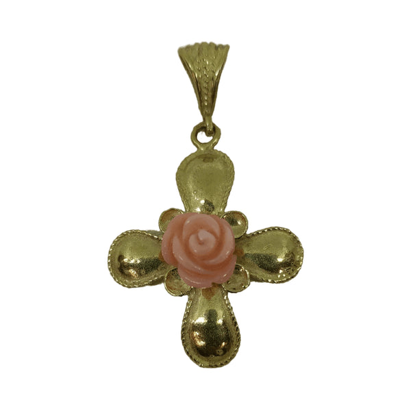 Ciondolo Croce oro 18k donna pendente con corallo rosa gr 4,60 | Gioiellitosti.it