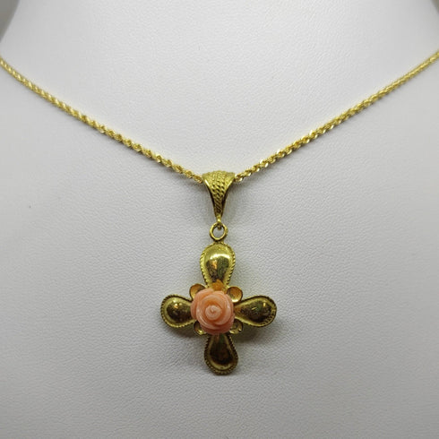 Ciondolo Croce oro 18k donna pendente con corallo rosa gr 4,60 | Gioiellitosti.it
