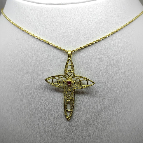 Ciondolo Croce oro 18k donna pendente pietra rubino gr 3,40 | Gioiellitosti.it