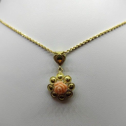 Ciondolo oro 18k donna Fiore con corallo rosa gr 4,60 | Gioiellitosti.it