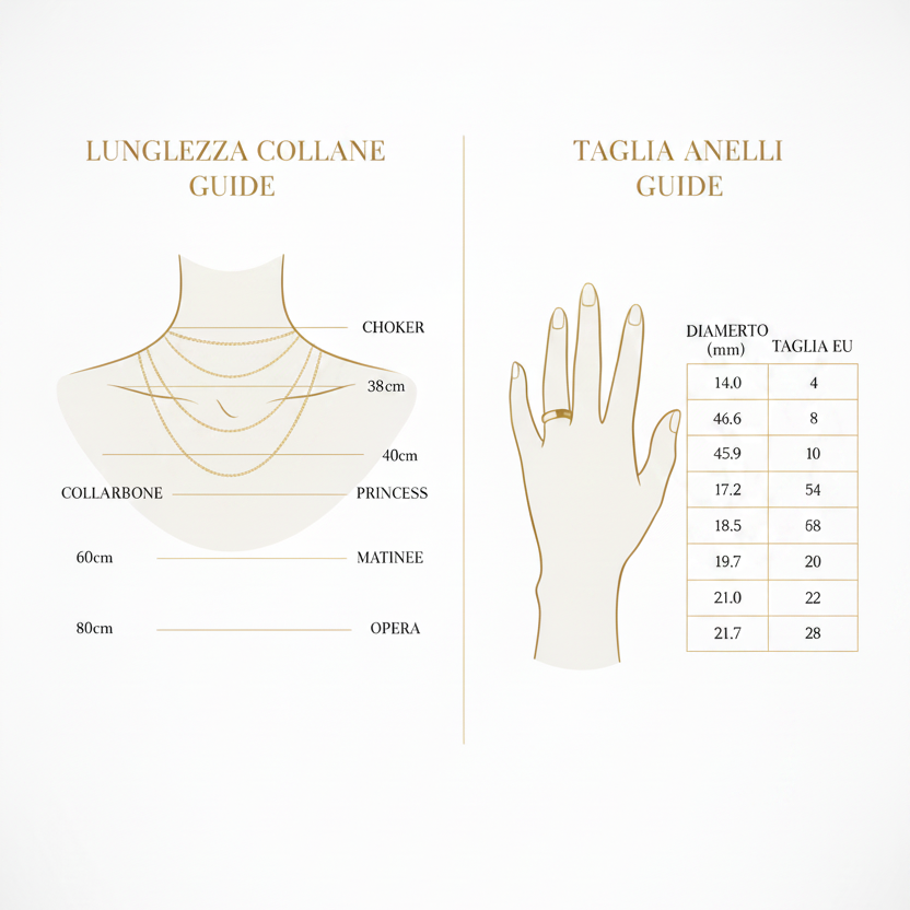Tabella misure lunghezza collane e taglia anelli — guida Gioielleria Tosti