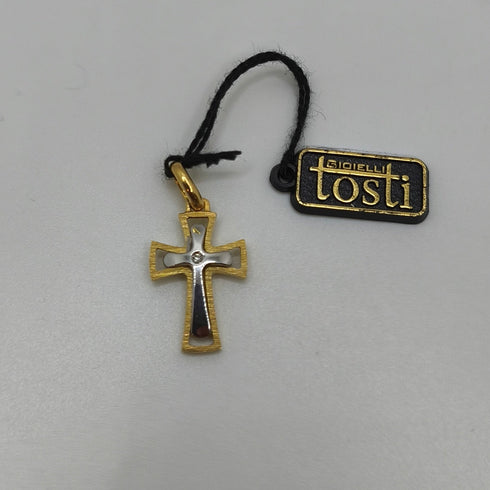 Ciondolo Croce oro 18 kt Bicolore con Diamante 2.90 gr | Gioielli Tosti