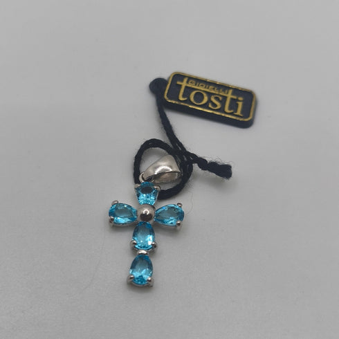 Ciondolo Croce Oro 18k con Topazio Azzurro 2,70 gr | Gioielli Tosti