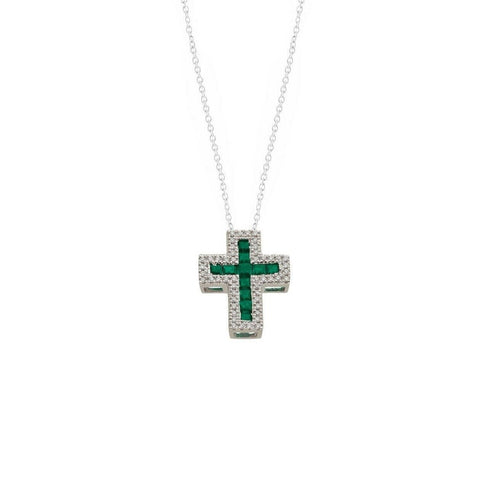 Collana Croce Oro bianco 18k Diamanti 0,07 Smeraldi 0,18 | Gioiellitosti.it